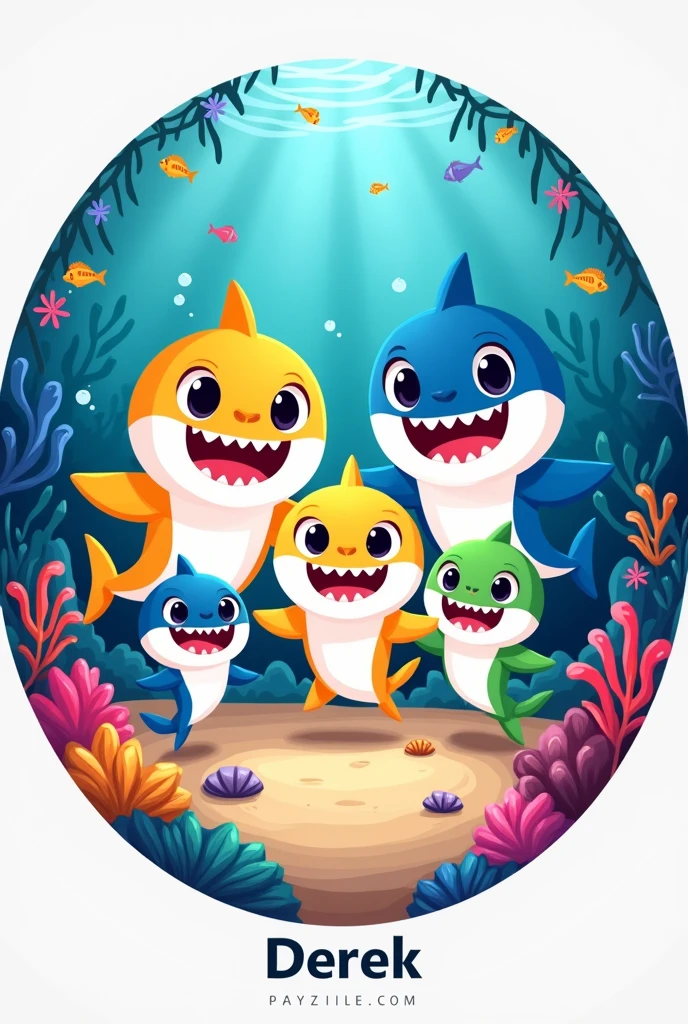 Generate a circular image about the baby Shark family ( The dad, The mom, The daughter, The son, the grandmother and the grandfather) that contains the name Derek at the bottom center of the image