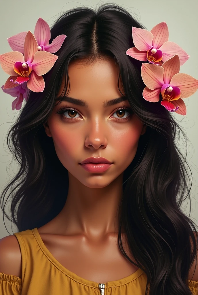 A woman with mixed-race features, with a serene and proud expression. with long wavy hair, perhaps adorned with flowers like orchids, which are the national flower of Colombia