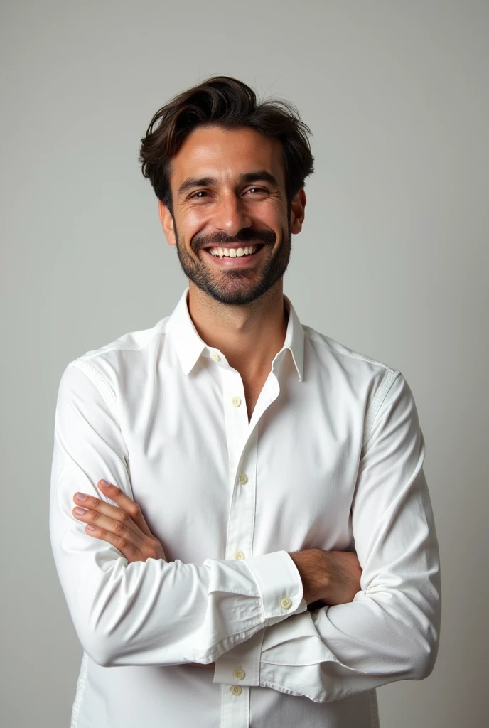 Um homem brasileiro, stopped, SMILING MAN IN WHITE SHIRT, crossed arms, studio photo