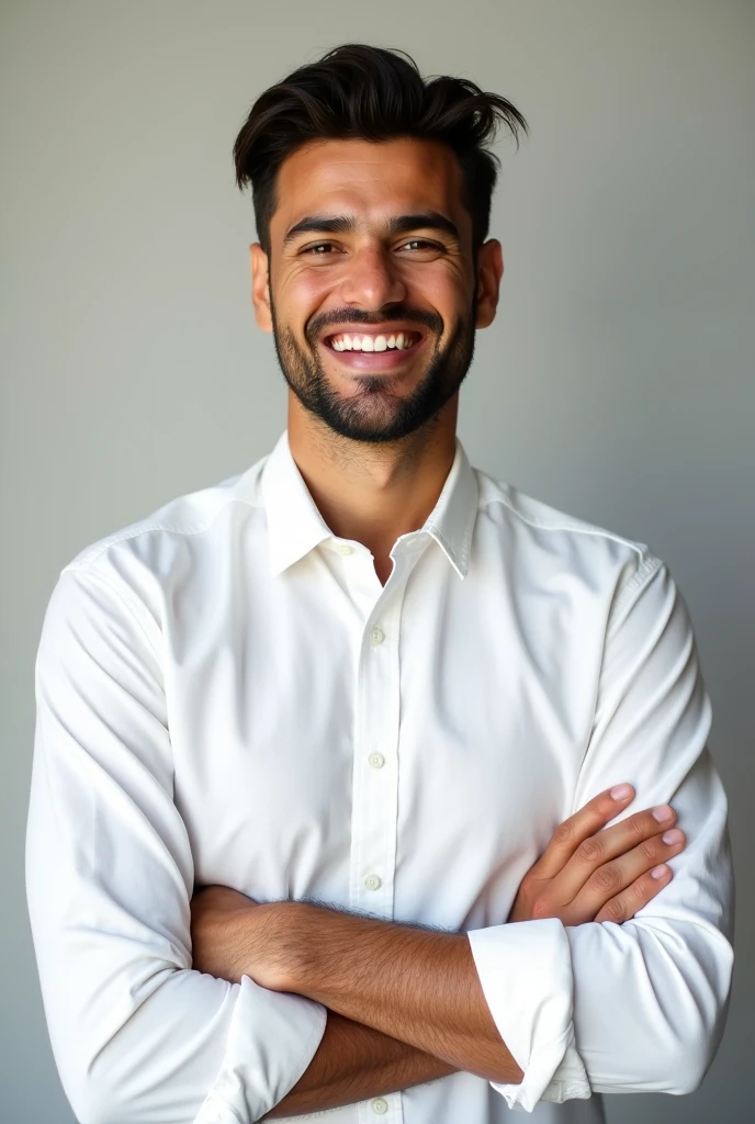 Um homem brasileiro, stopped, SMILING MAN IN WHITE SHIRT, crossed arms, studio photo