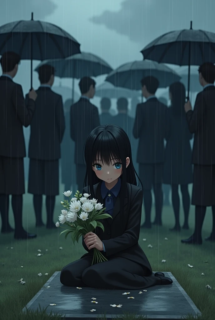 -yeld an girl with dark brown skin and straight black hair , slim, blue-eyed, short stature, dressed elegantly, looking at a grave with white flowers in her hands, while she is sitting in a cemetery looking at her mother's tombstone with a cold look, with a little rain and people around dressed in black for the funeral with black umbrellas
