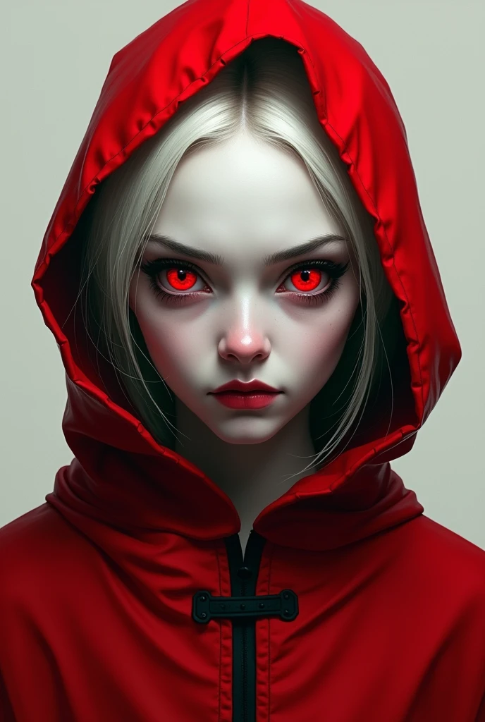White girl with red eyes and blonde hair, using a red cloak with a black line, She has a wicked and malicious face..