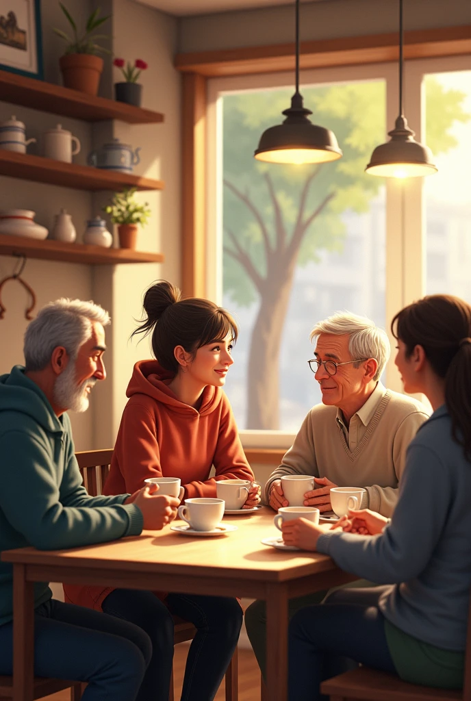Coffee shop with only five people sitting at a table, one young woman and four older adults 