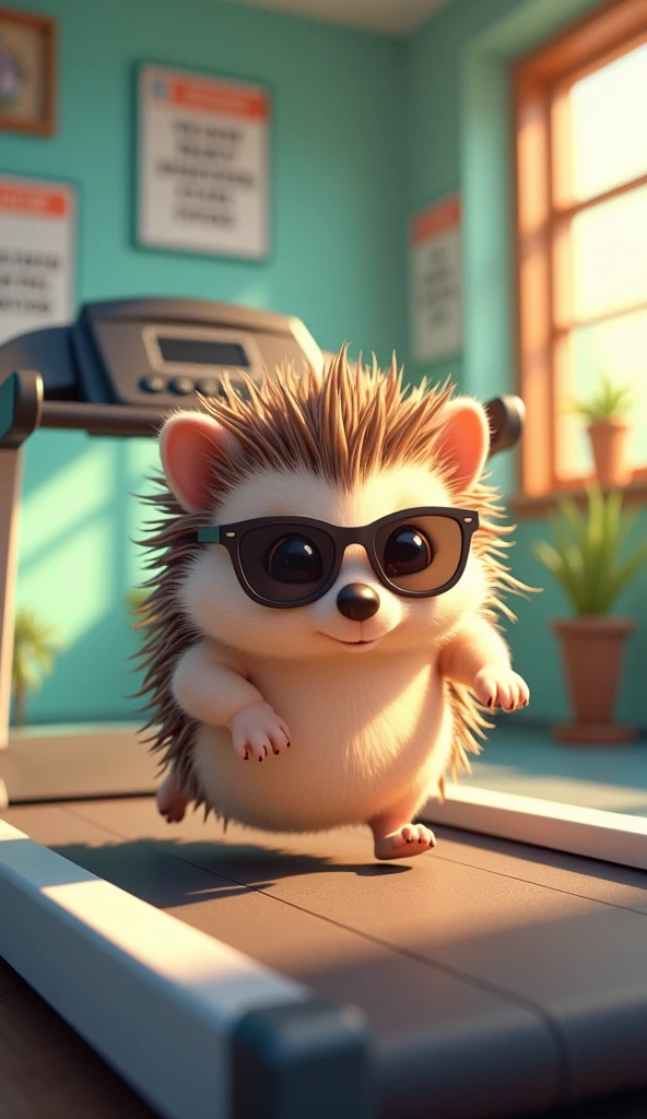 A cute and slightly chubby hedgehog character, still wearing its stylish sunglasses, is giving it all on a treadmill. The hedgehog runs as fast as its tiny legs can go, determination and focus clear on its face. Its round belly bounces with each stride, and the treadmill hums beneath it. However, just as the hedgehog picks up speed, it suddenly trips! The hedgehog tumbles off the treadmill in a comical yet adorable fashion, its sunglasses slightly askew but still intact. The background shows a bright, cheerful gym setting with motivational posters on the walls. This playful scene captures the hedgehog’s brave attempt at fitness, mixing its lovable clumsiness with a touch of humor, making the moment both funny and heartwarming.