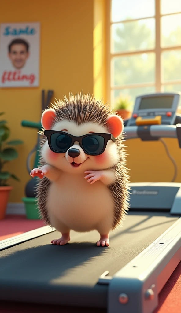 A cute and slightly chubby hedgehog character, still wearing its stylish sunglasses, is giving it all on a treadmill. The hedgehog runs as fast as its tiny legs can go, determination and focus clear on its face. Its round belly bounces with each stride, and the treadmill hums beneath it. However, just as the hedgehog picks up speed, it suddenly trips! The hedgehog tumbles off the treadmill in a comical yet adorable fashion, its sunglasses slightly askew but still intact. The background shows a bright, cheerful gym setting with motivational posters on the walls. This playful scene captures the hedgehog’s brave attempt at fitness, mixing its lovable clumsiness with a touch of humor, making the moment both funny and heartwarming.