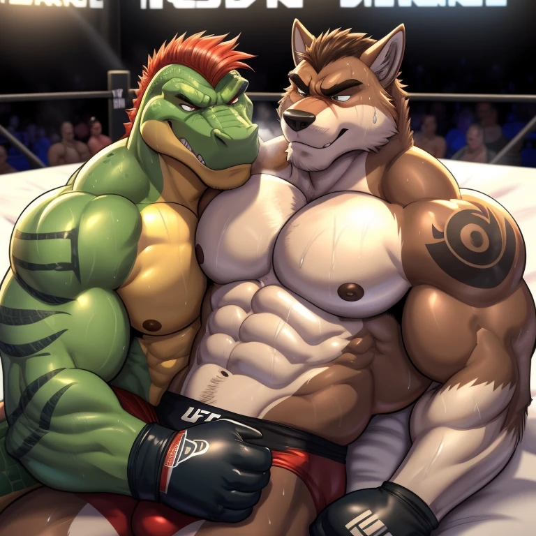 Duo male(Brown Wolf vs Green Gator, handsomes, handsome hairstyle, Thick eyebrows, detailed face), gay(Lying down, cuddling embraced from behind, body with body, wrestling each other, on a bed match), hot(Shirtless), handsomes(They are handsomes, correct anatomy), musculosos(muscle bodies, Six packs, muscle abs, big pecs), sweaty(very sweaty wet bodies, shiny sweat), tatuajes(they have tattoos), grumpy(Both have an grumpy expression, grumpy teeths, steaming breath), UFC gloves(They both are wearing UFC gloves), Hight resolution, by(Zourik:1.1)