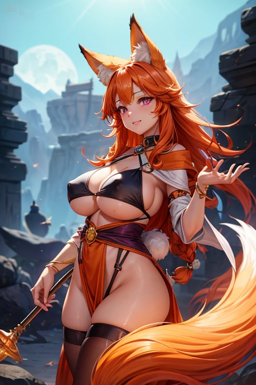 Vulpe woman, orange hair, priestess clothing, exposed boobs, fox ears, fox tail, Thin waist, marked nipples, light skin, curvy, black choker, round shape face, tareme purple eyes, sweating, big ass