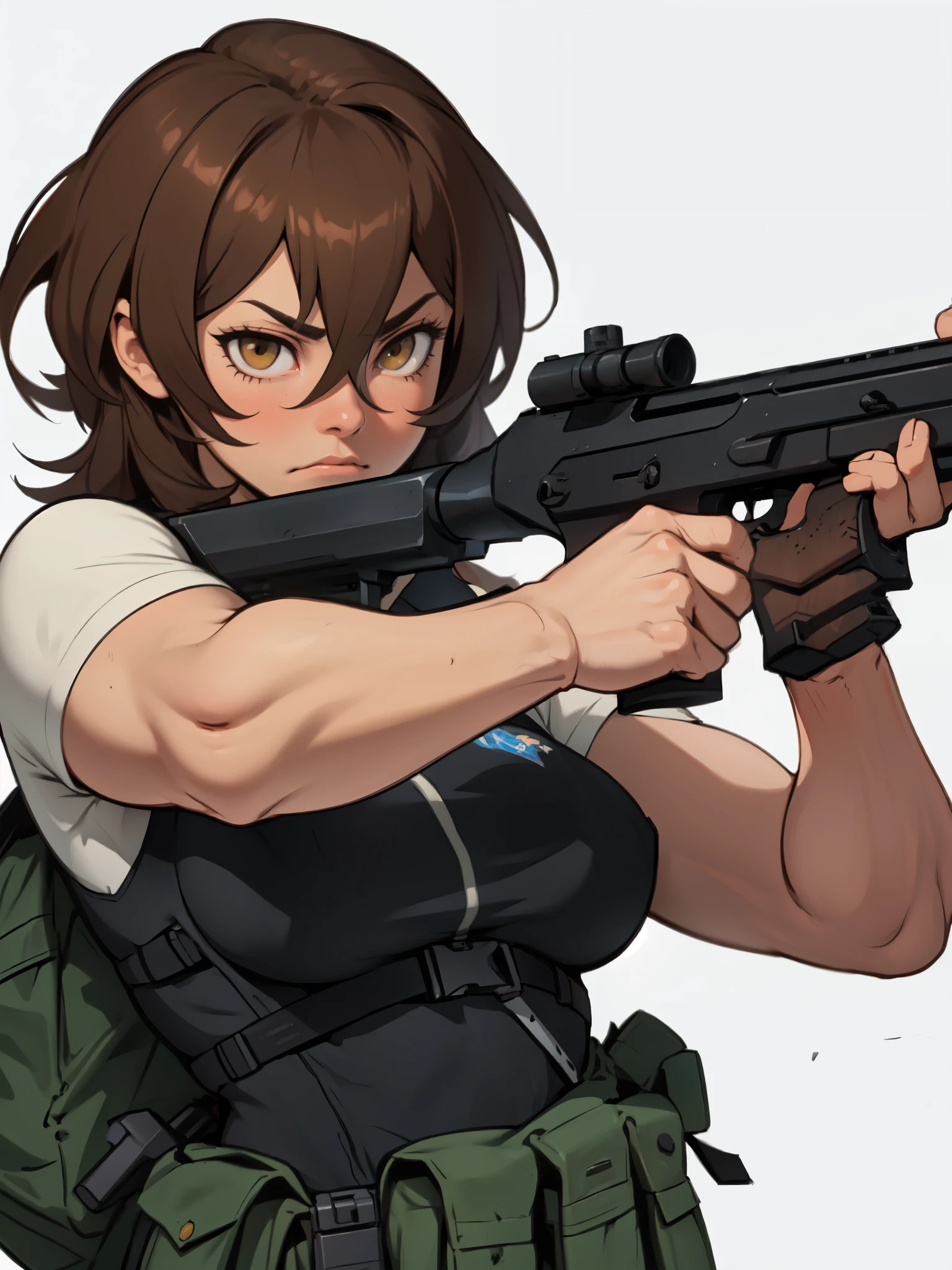 brown hair hazel eyes solo muscular girl toned body perky breasts empty eyes frown thick pale skin shooting range weapon gun firearm tactical gear shooting range weapon gun firearm tactical gear shooting range weapon gun firearm tactical gear