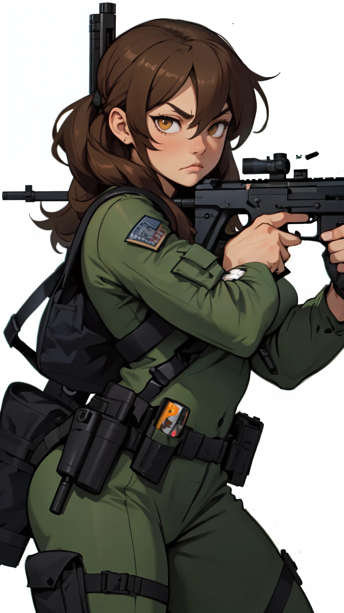 brown hair hazel eyes solo muscular girl toned body perky breasts empty eyes frown thick pale skin shooting range weapon gun firearm tactical gear shooting range weapon gun firearm tactical gear shooting range weapon gun firearm tactical gear 