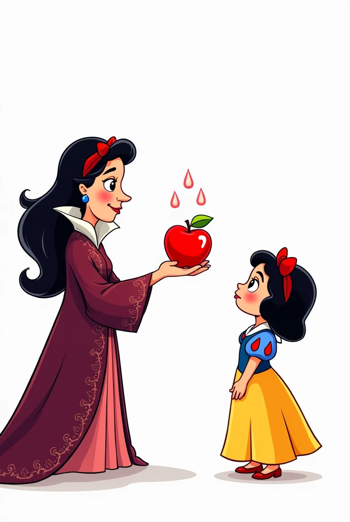 Create an image of a highlighted apple appearing in the stepmother's hand delivering this apple to Snow White as a cartoon and with a white background