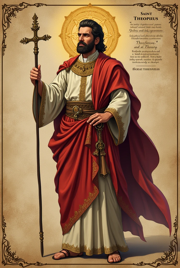 you can create a character map of Saint Theophilus of Antioch with the following information: He was born by the Euphrates and was educated in Hellenic culture. He converted to Christianity as an adult and later became bishop of Antioch. He wrote three books to Autolycus, in which he tries to show his friend the truth of Christianity. In the first book he deals with the essence of God, of Providence, of faith in the resurrection and of the folly of idolatry; in the second on the interpretation of the Old Testament; and in the third he speaks of the moral excellence of Christianity. According to Theophilus, only the pure soul can know God. "The soul of man is like a mirror, that only when it is clean does it reflect the image of whoever stands in front of it". None of the other books he wrote are preserved. He was the first to use the word "Trinity" applying it to divinity and the name of "Mother" as the title of the Church. He died in the year 180.
