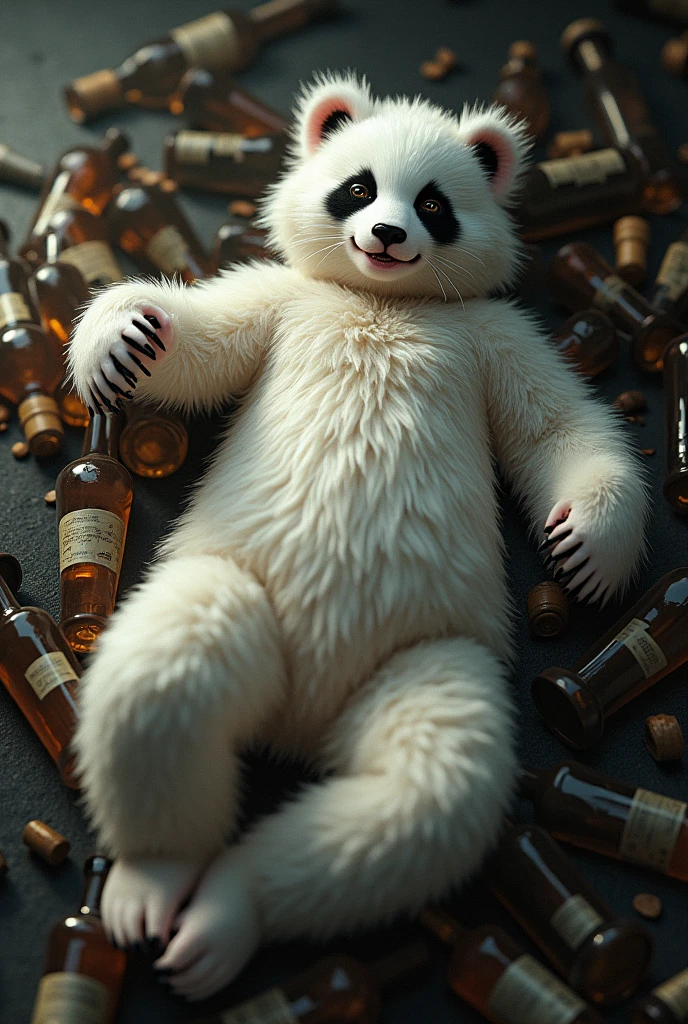 Female white Ursa panda, black and pink lipstick, completely drunk sleeping with bottles around fallen on the floor