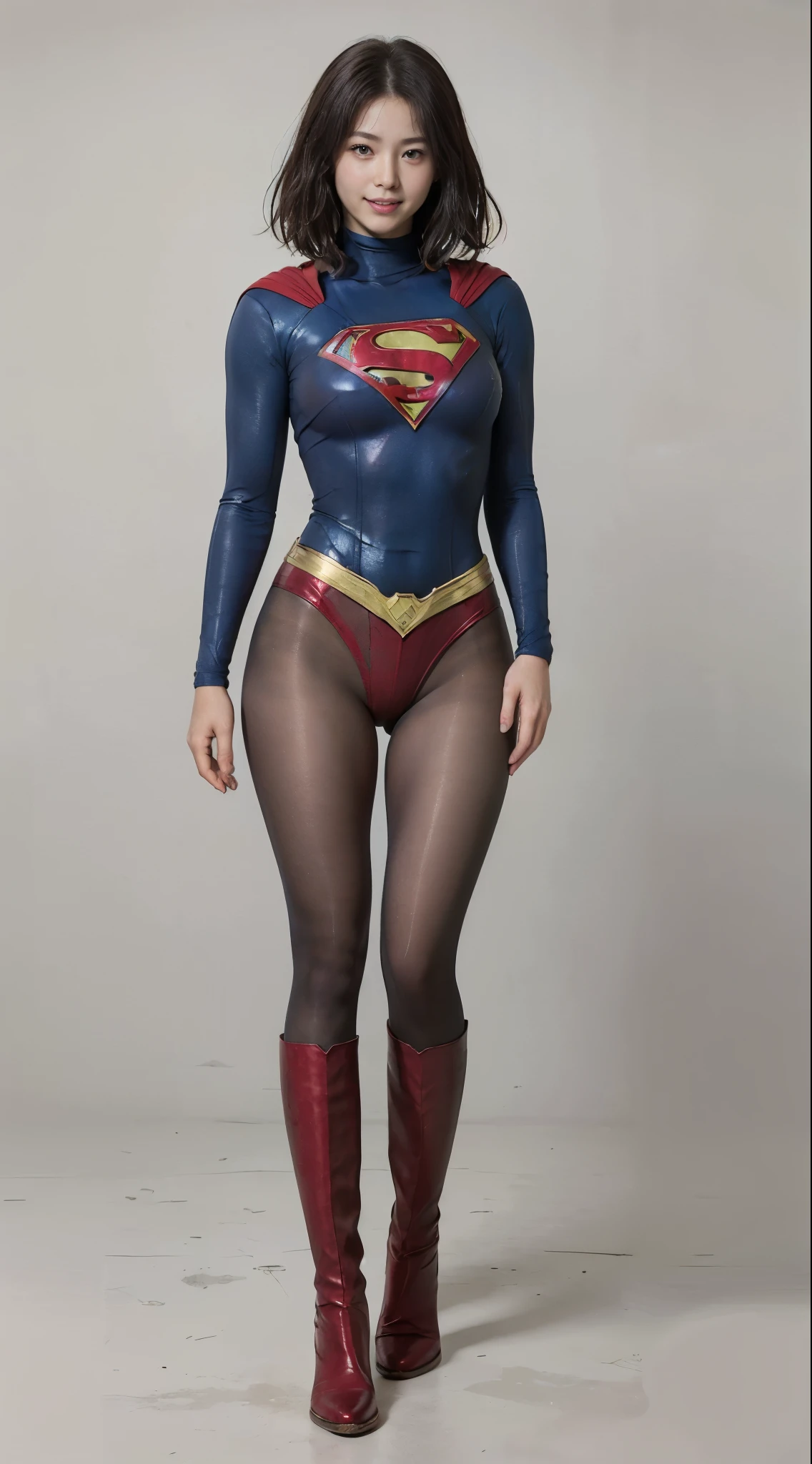 No background、(((Beautiful legs in black tights.)))、(((Legally express the beauty of your smile)))、((((Make the most of your original images)))、(((Supergirl Costume)))、(((Beautiful short bob hair)))、(((suffering)))、(((Please wear black tights....、Wear red boots)))、((Best image quality、8k))、((Highest quality、8k、masterpiece:1.3))、(((Preserve background )))、Sharp focus:1.2、Beautiful woman with perfect figure:1.4、Slim Abs:1.2、Wet body:1.5、Highly detailed face and skin texture、8k