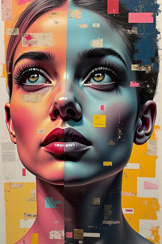 analog style mdjrny-v4 style hyperrealistic portrait of a mysterious cyberpunk robot with comics look , by Guy Denning, Russ Mills, beautiful, elusive, glitch art, hacking effects, glitch effects, brown eyes, abstract blocks - --auto