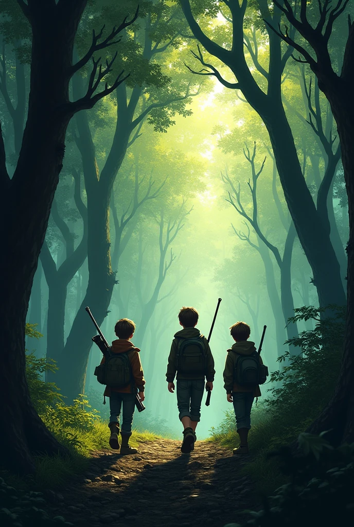 In a dense, shadowy forest, three boys are on a hunting expedition. The forest is alive with the sounds of rustling leaves, distant bird calls, and the occasional crack of a twig underfoot. Tall trees loom above them, their branches intertwining to form a canopy that filters the sunlight, casting dappled shadows on the forest floor.