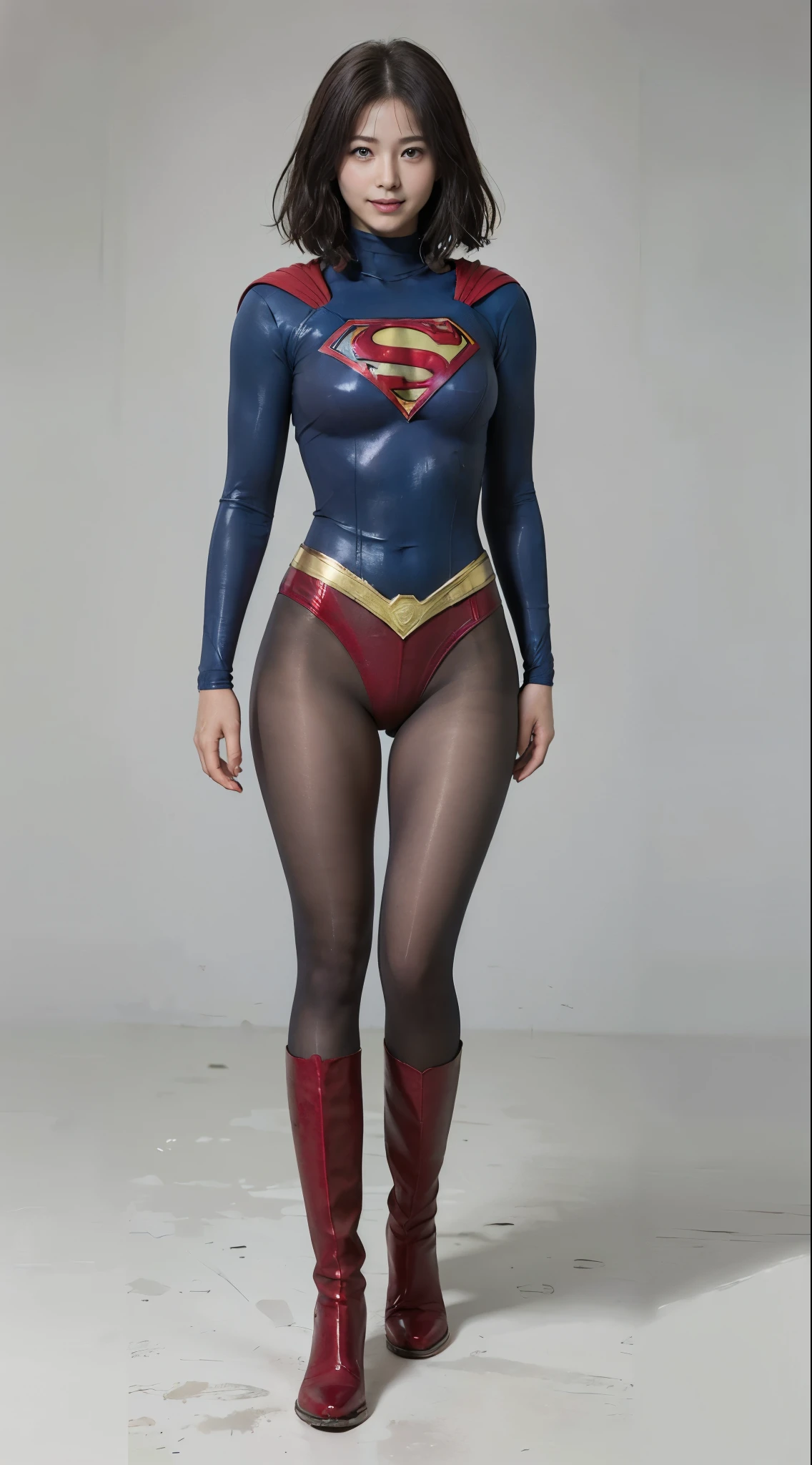 No background、(((Beautiful legs in black tights.)))、(((Legally express the beauty of your smile)))、((((Make the most of your original images)))、(((Supergirl Costume)))、(((Beautiful short bob hair)))、(((suffering)))、(((Please wear black tights....、Wear red boots)))、((Best image quality、8k))、((Highest quality、8k、masterpiece:1.3))、(((Preserve background )))、Sharp focus:1.2、Beautiful woman with perfect figure:1.4、Slim Abs:1.2、Wet body:1.5、Highly detailed face and skin texture、8k