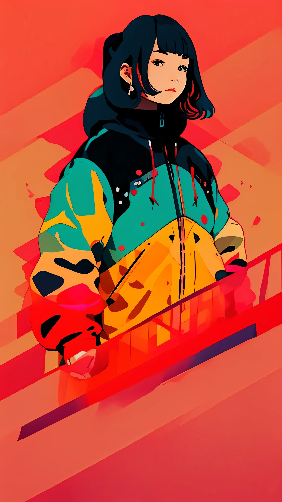 clean、Minimalist、Vector art、gradient cake scary hair、white techwear clothes、Tactical clothing（orange、yellow）、strong stroke around image、simple and abstract design paper cute background、Solid color background、Or pastel colors、
