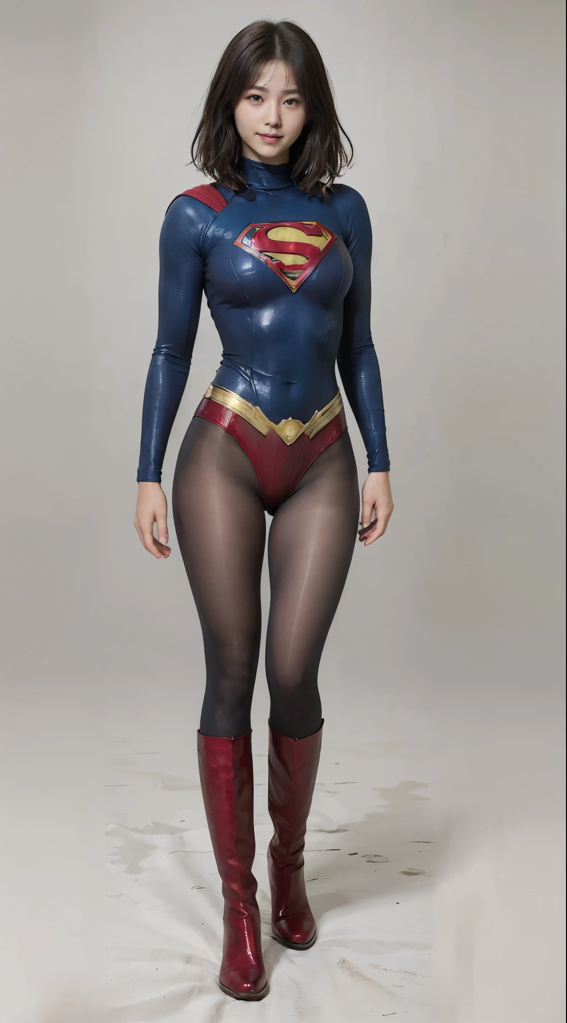 No background、(((Beautiful legs in black tights.)))、(((Legally express the beauty of your smile)))、((((Make the most of your original images)))、(((Supergirl Costume)))、(((Beautiful short bob hair)))、(((suffering)))、(((Please wear black tights....、Wear red boots)))、((Best image quality、8k))、((Highest quality、8k、masterpiece:1.3))、(((Preserve background )))、Sharp focus:1.2、Beautiful woman with perfect figure:1.4、Slim Abs:1.2、Wet body:1.5、Highly detailed face and skin texture、8k