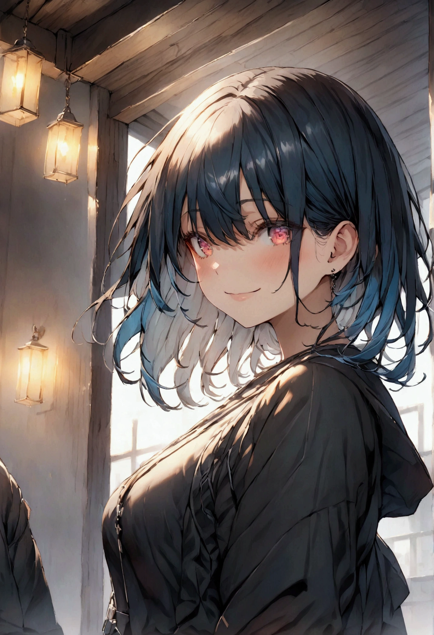 Masterpiece, delicate eyes, a girl in a black sweater and gray shorts, white and blue hair, short hair, light red eyes, cheerful face, upper body, dark blue fog