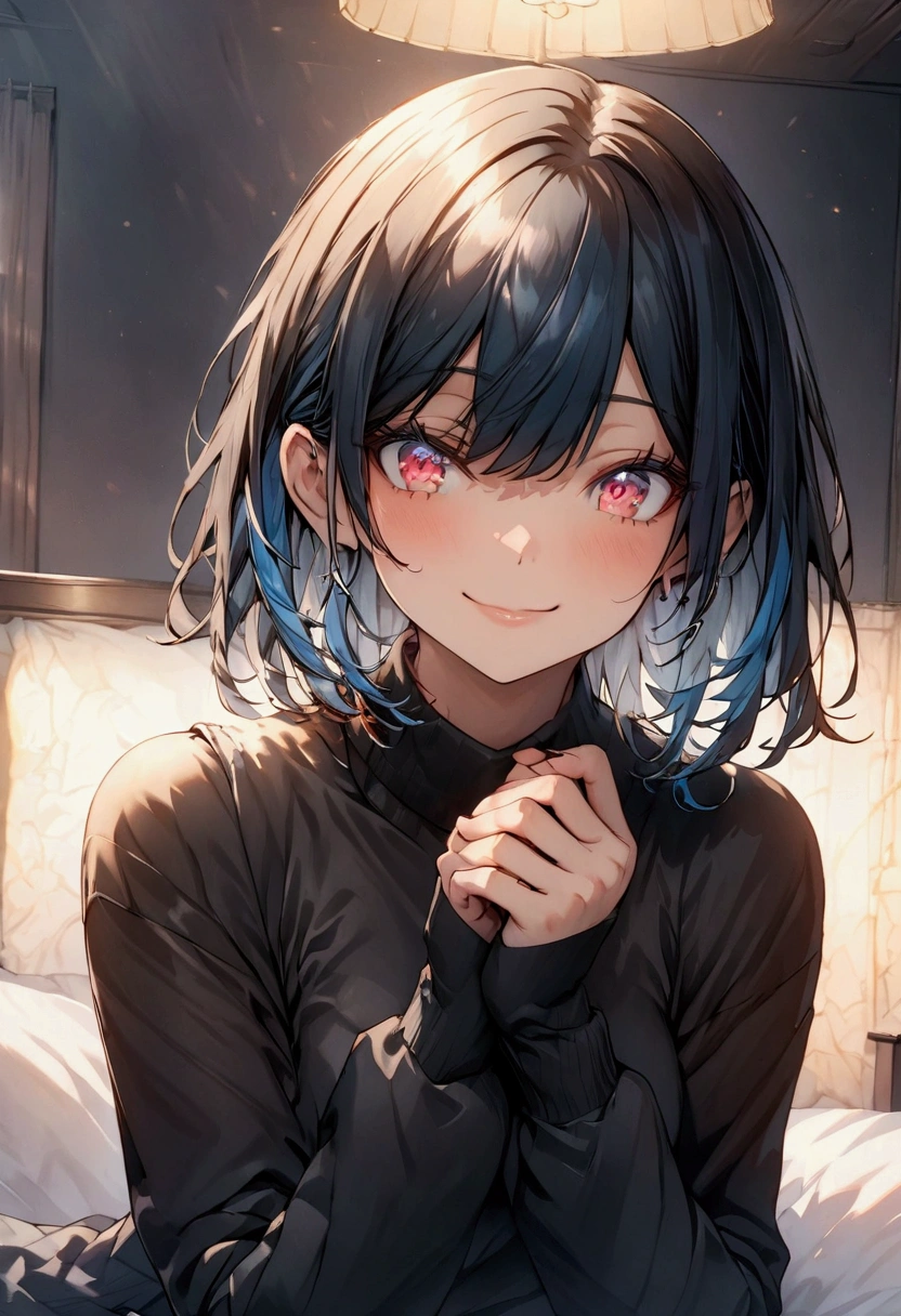 Masterpiece, delicate eyes, a girl in a black sweater and gray shorts, white and blue hair, short hair, light red eyes, cheerful face, upper body, dark blue fog