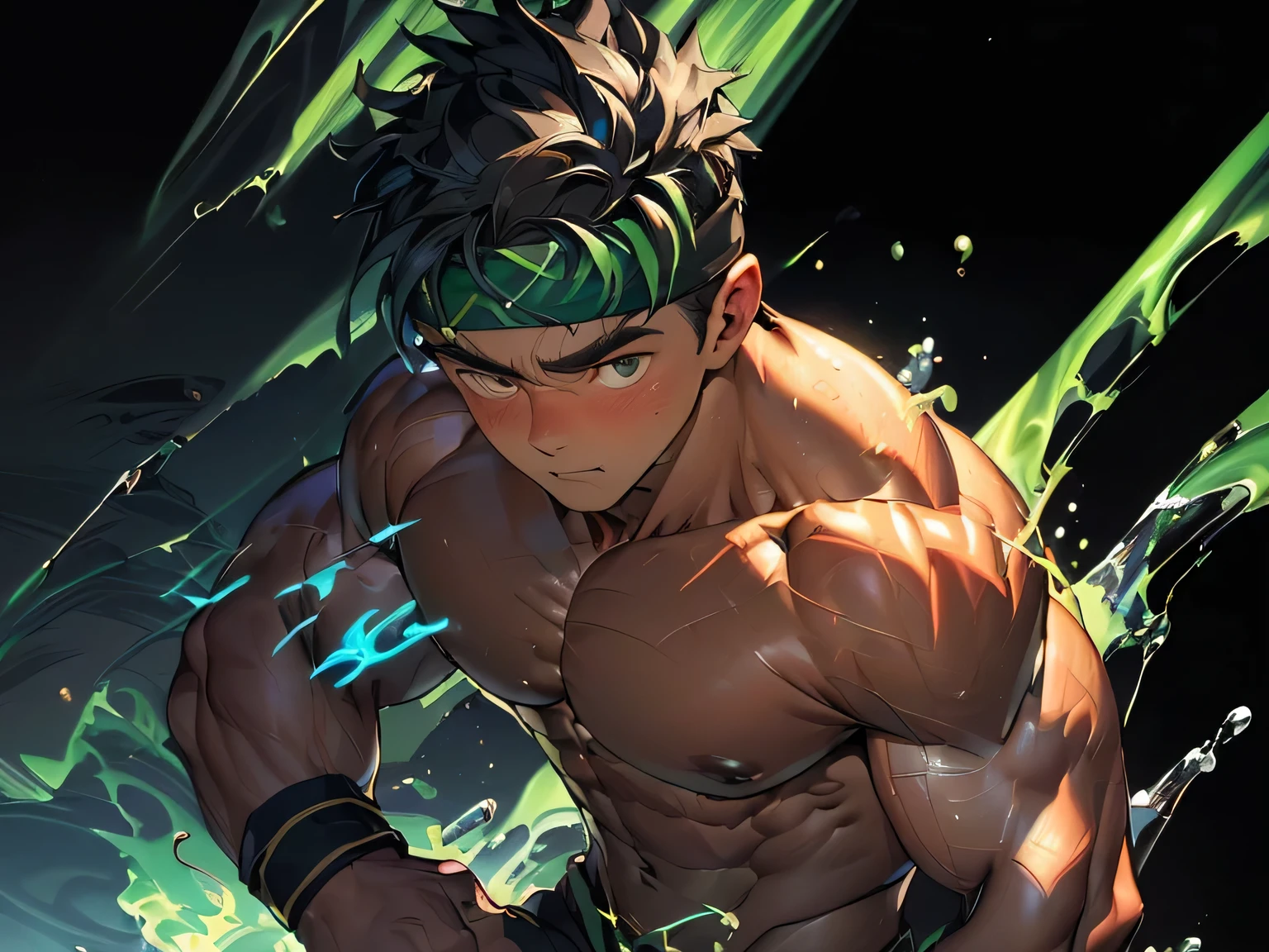 ((masterpiece, best quality)), (((((black background, deep night, on the glassland))))), (19 year old boy, worm eyes, Young boy, muscler, Shirtless, topless), ((((1boy, flesh, tough, reliable)))), (Dark Short straight hair, ((almost completely shaved hair)), under cut, brown eyes), (((red headband, black wristband, Roman gladiator costume))), Vivid colors, ((big breast:1.2, big shoulder:1.2, muscular body, sturdy body, defined round and fleshy pecs, defined round and fleshy ABS, defined round and fleshy armsmuscular:1.2, well-defined muscles, developed body, toned weist, shouldermuscler:1.2)), muscler!, muscler body, detailed face, detailed muscle, (((rippling muscles, Flowing energy, Highlight his aura, blue and green aura effect, wearing aura stream, random_pose:1.2)))