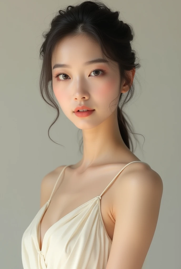 Elegant, highly realistic female body with skin-toned lips, hair in a ponytail, looking forward, full body in beige-gold skin tone, Chinese nationality, black eyes. Same person as before.  