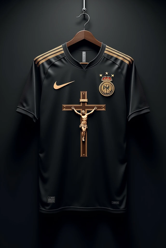 Soccer jersey printed with the Christian symbol Jesus, On the left side the Nike symbol, Dark background of the shirt hanging on a hanger with light details
