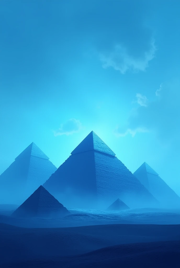 Create an image of the iconic Pyramids of Egypt, using a palette of predominantly blue tones. The pyramids should be depicted with sharp details, with their smooth surfaces and clearly visible edges. The surrounding scenery, including the desert, should be presented in shades of blue, ranging from light blue to deep blue, creating a surreal and ethereal effect. The sky above the pyramids should also be blue, with scattered clouds in soft shades of blue, complementing the mysterious and majestic atmosphere of the scene. The lighting should highlight the geometric shapes of the pyramids and create soft shadows in shades of blue.