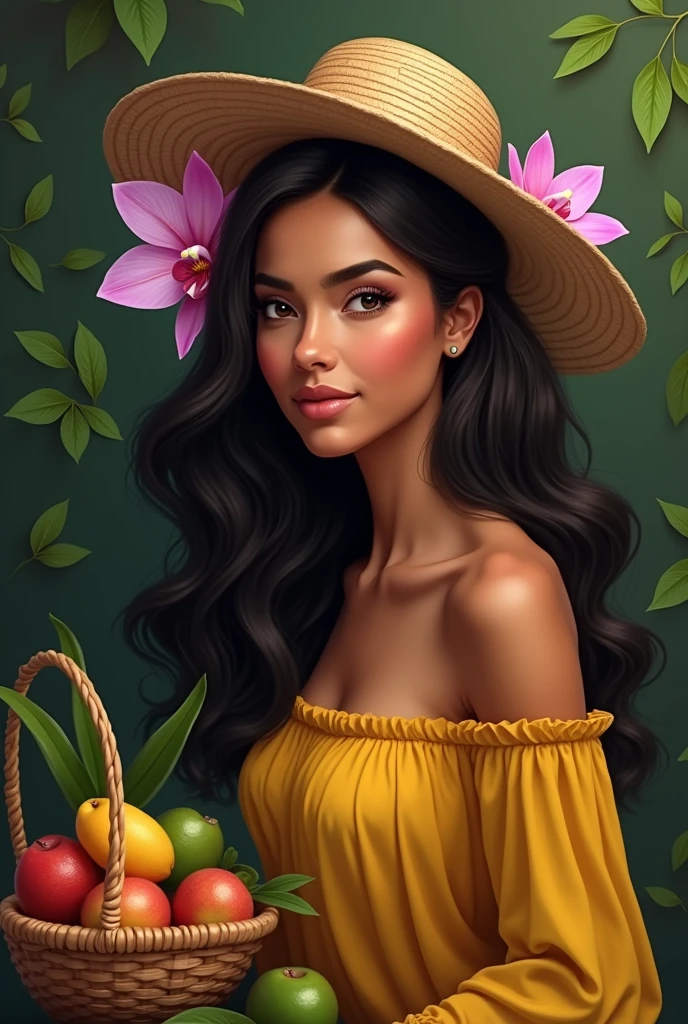 A woman with mixed-race features, with a serene and proud expression. with long wavy hair, perhaps adorned with flowers like orchids, which are the national flower of Colombia
Perhaps you could include a vueltita hat or even a small basket of tropical fruits next to the woman, representing the abundance of the land