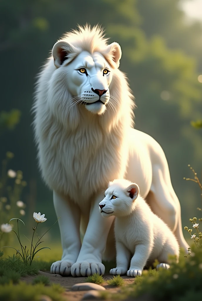 A white lioness with her cub 