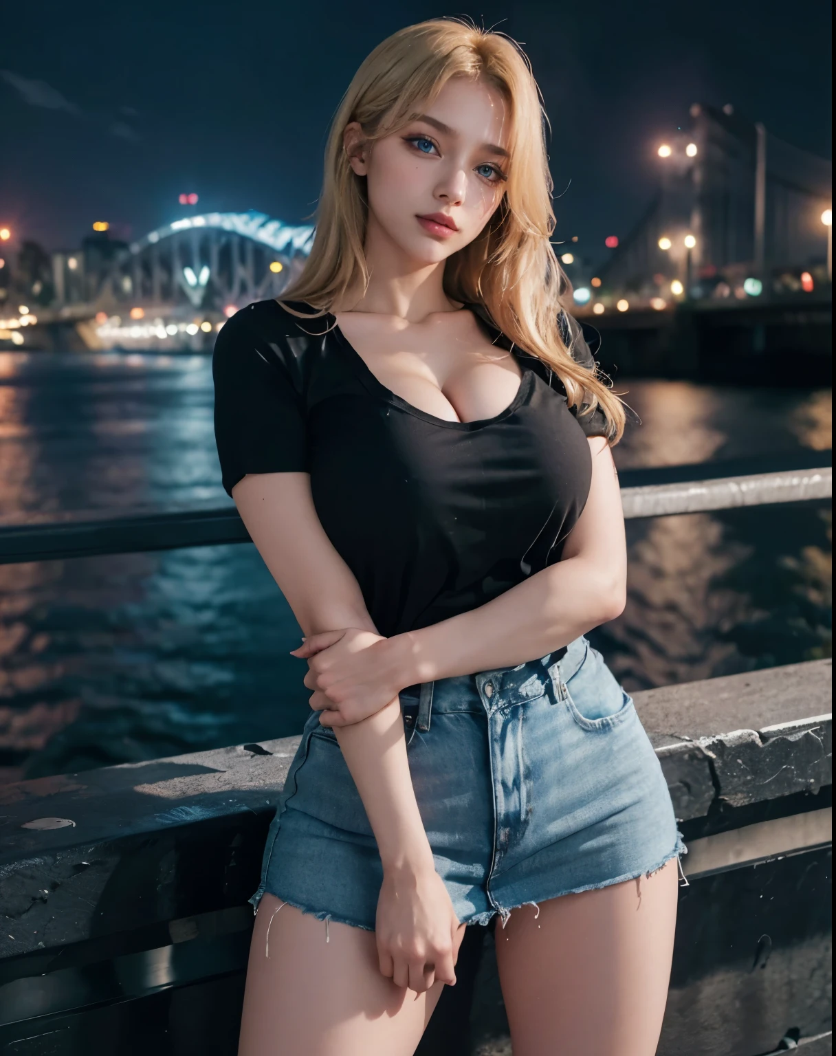 1girl, (Blue Eyes), (smirk :1.2), (beautiful makeup :1.2), (big tits :1.1), big ass, thin waist, thick thighs, toned legs, muscle, (Best Quality, 8k, Masterpiece: 1.3), Clear Focus: 1.2, Perfect Body Beauty: 1.4, strong abs, Highly detailed face and skin texture, detailed eyes, double eyelids, (blonde long hair :1.2), (cleavage black t-shirt :1.2), (denim skirt :1.2), standing, ((breasts squeezed together, v arms :1.2)), on a bridge illuminated by colorful lights at night, city in the background