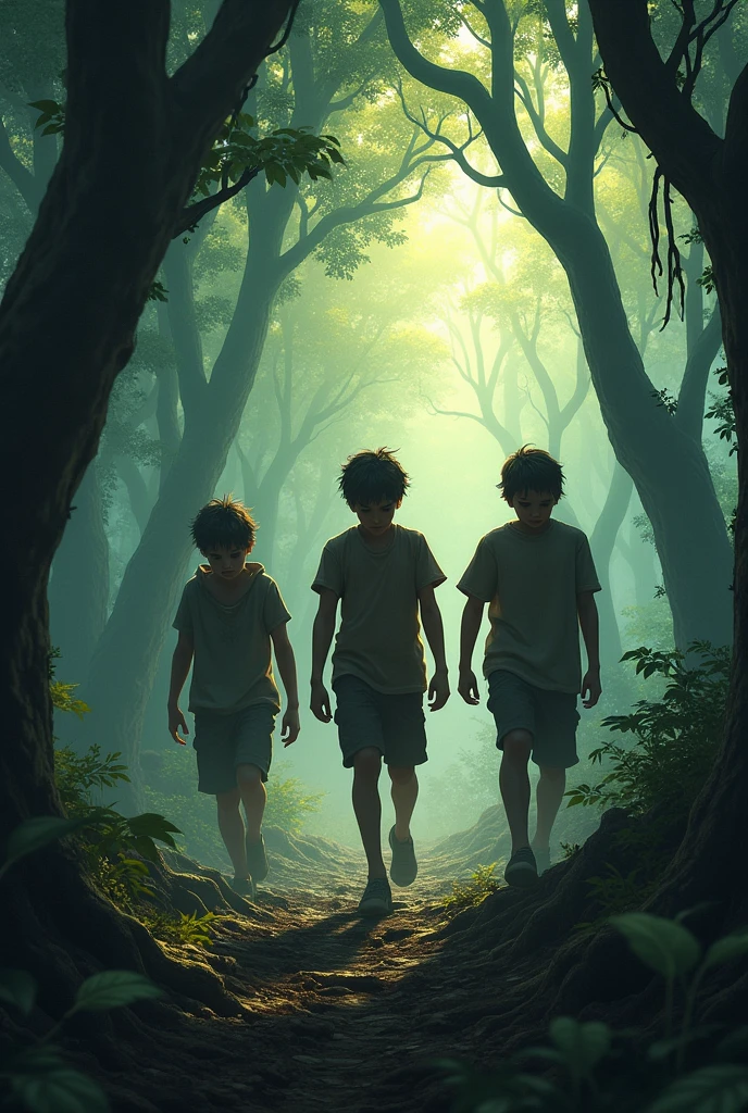 In a dense, shadowy forest, three boys are on a hunting expedition. The forest is alive with the sounds of rustling leaves, distant bird calls, and the occasional crack of a twig underfoot. Tall trees loom above them, their branches intertwining to form a canopy that filters the sunlight, casting dappled shadows on the forest floor.