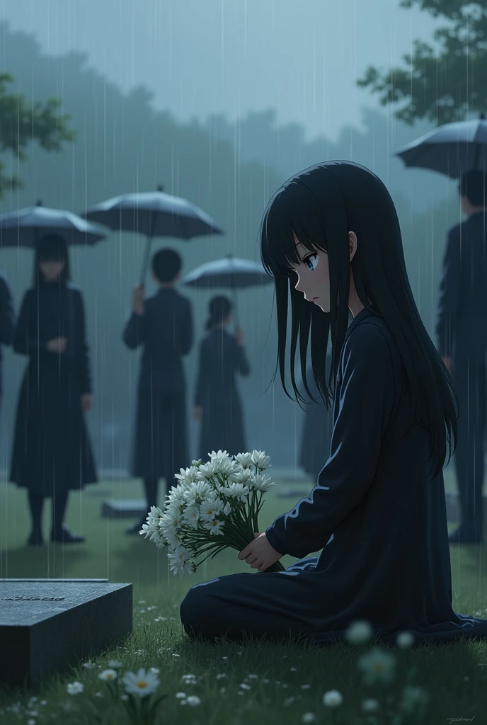 -yeld an girl with dark brown skin and straight black hair , slim, blue-eyed, short stature, dressed elegantly, looking at a grave with white flowers in her hands, while she is sitting in a cemetery looking at her mother's tombstone with a cold look, with a little rain and people around dressed in black for the funeral with black umbrellas muttering angrily