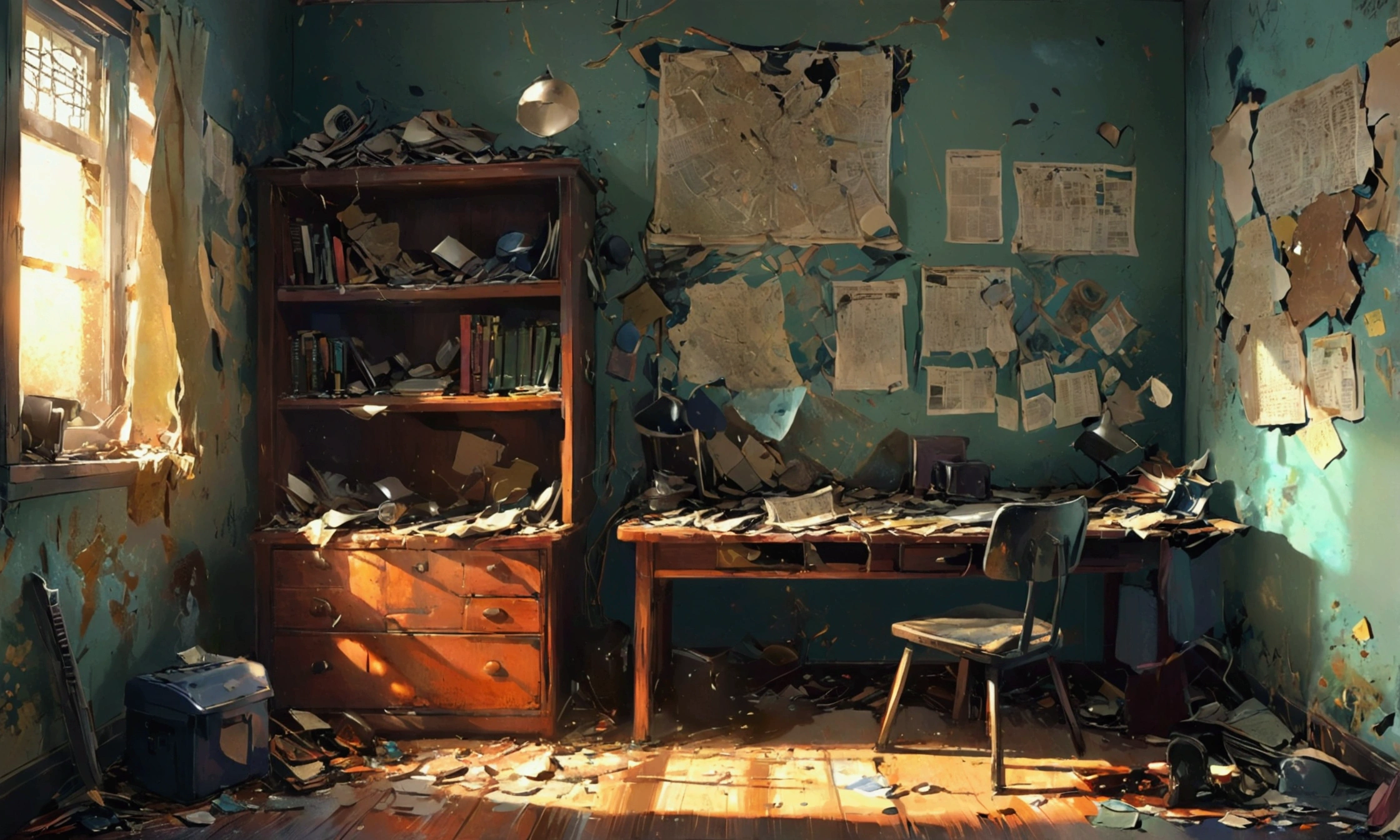 POLICEMAN EXAMINING A COLLEGE ROOM, ROOM WITH BROKEN OBJECTS, DARK ROOM,manga style art,manga style art,manga style art,manga style