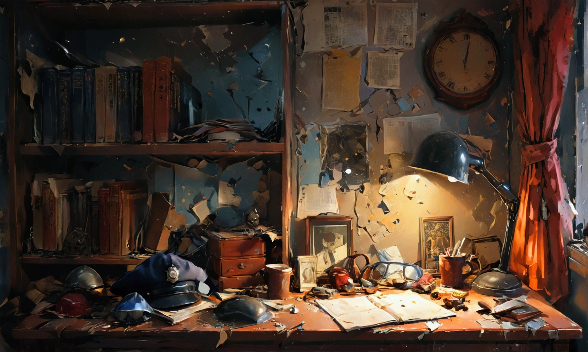POLICEMAN EXAMINING A COLLEGE ROOM, ROOM WITH BROKEN OBJECTS, DARK ROOM,manga style art,manga style art,manga style art,manga style