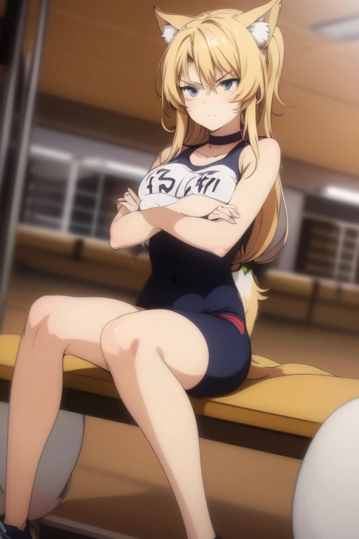 Anime girl with long hair sitting on a bench, Flushed face, angry face, chica ready anime, seductive anime girl, beautiful chica ready anime, working out, Very beautiful anime cat girl, sexy cat girl, Holo is a wolf girl, cute chica ready anime, cat girl , anime zorro , in a gym, fit girl