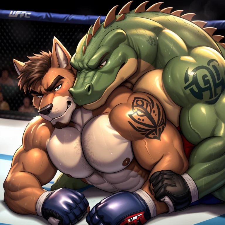 Duo male(Brown Wolf vs Green Gator, handsomes, handsome hairstyle, Thick eyebrows, detailed face), gay(Lying down, cuddling embraced from behind, body with body, wrestling each other, on a UFC match), hot(Shirtless), handsomes(They are handsomes, correct anatomy), musculosos(muscle bodies, Six packs, muscle abs, big pecs), sweaty(very sweaty wet bodies, shiny sweat), tatuajes(they have tattoos), grumpy(Both have an grumpy expression, grumpy teeths, steaming breath), UFC gloves(They both are wearing UFC gloves), Hight resolution, by(Zourik:1.1)