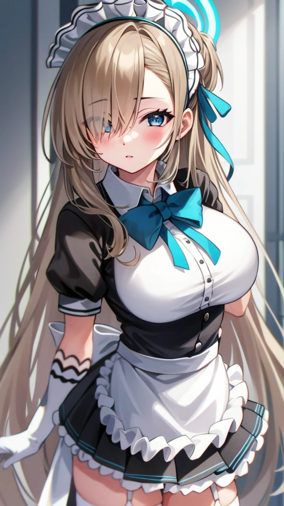 (highres), (absurdres), (best quality), (high quality), (masterpiece), 1girl, asuna, blue eyes, long hair, halo, hair over one eye, very long hair, light brown hair, (large breasts), hair ribbon, maid, maid headdress, apron, frills, frilled apron, puffy sleeves, short sleeves, white gloves, white thighhighs, arms behind back, looking at viewer,