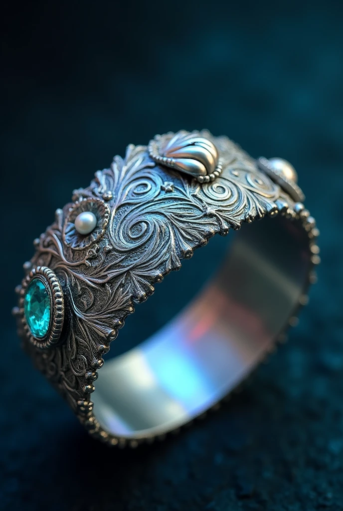 create this object, The Spectral Tide Bracelet, known as Ẹwọnyàmi in Yoruba, is an elegant bracelet made of a rare metal, Similar to silver, but with an iridescent sheen that reflects the hues of the ocean depths. The bracelet is adorned with small pearls and seashells, and its surface has delicate carvings reminiscent of waves and ever-moving ocean currents.