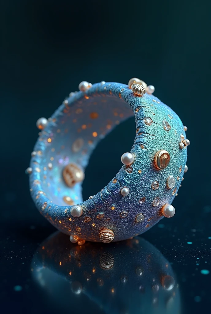 create this object, The Spectral Tide Bracelet, known as Ẹwọnyàmi in Yoruba, is an elegant bracelet made of a rare metal, Similar to silver, but with an iridescent sheen that reflects the hues of the ocean depths. The bracelet is adorned with small pearls and seashells, and its surface has delicate carvings reminiscent of waves and ever-moving ocean currents.