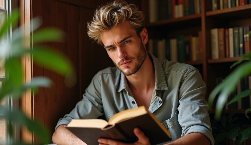 Blond man in striped underwear sitting on a chair while reading a book