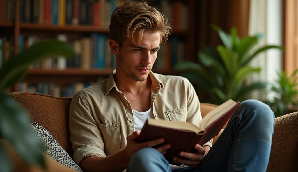 blonde man 20 years old, brazileiro,with a book