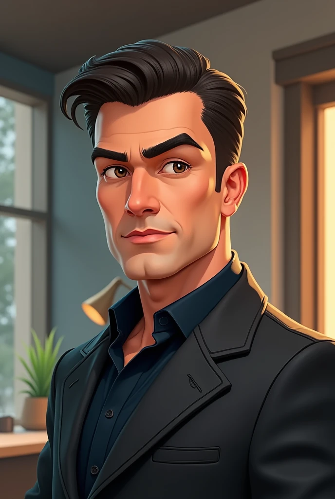 make a realistic cartoon of a man with slicked back hair in your setup