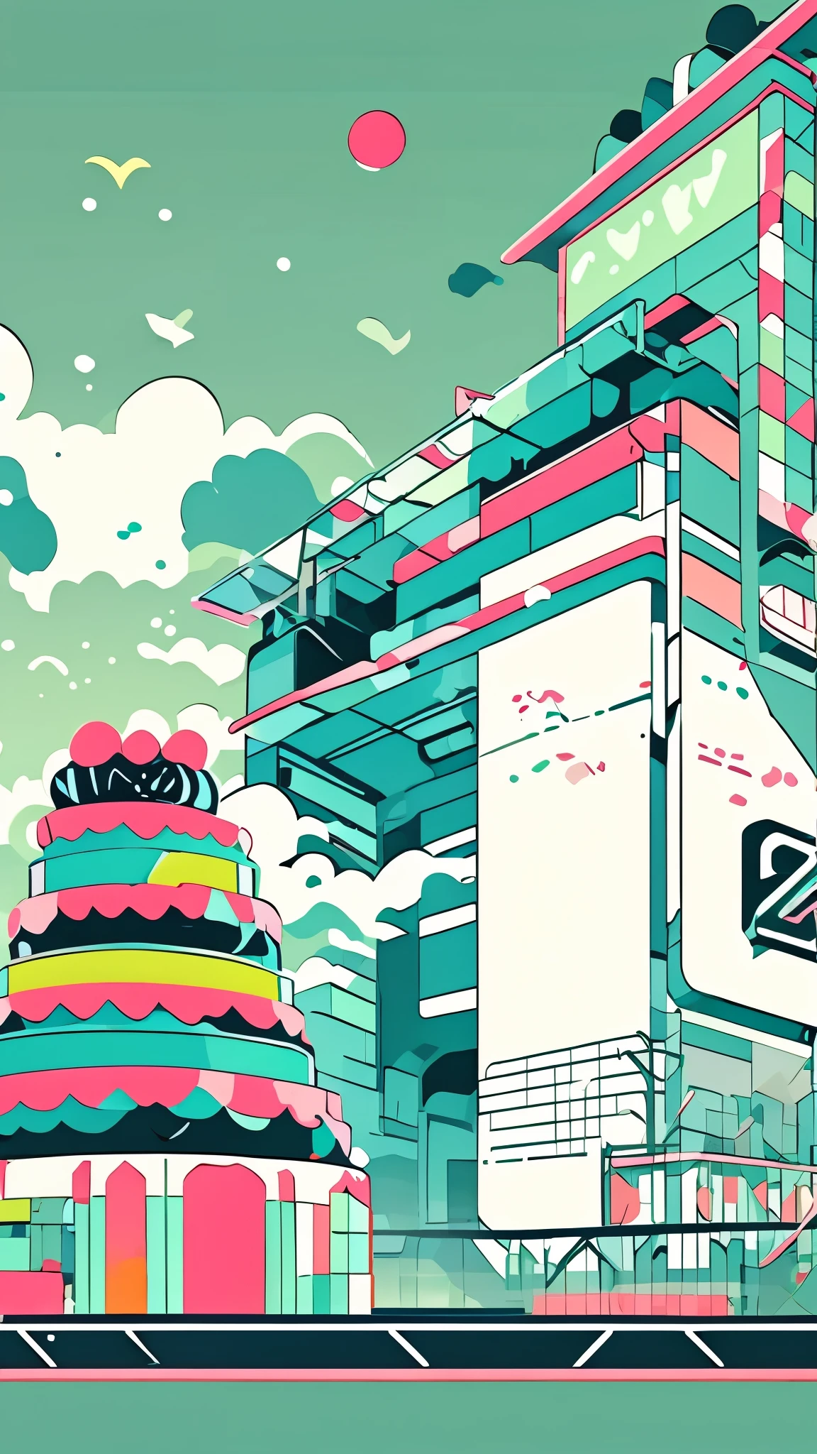 clean、Minimalist、Vector art、gradient cake scary hair、whiteいテックウェアの服、Tactical clothing(moss green、white)、strong stroke around image、simple and abstract design paper cute background、Solid color background、Or pastel colors、