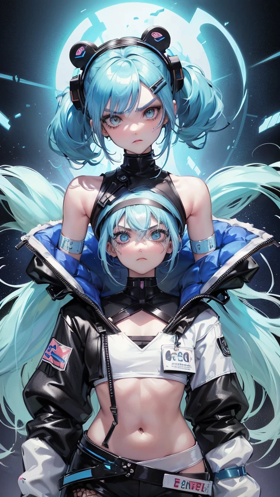 1 girl, anime, high quality, intricate details, futuristic setting, short, robotic, cybernetic, futuristic fashion, pasel blue hair, bear ears, dot eyebrows, angry pout, streetwear, pastel blue and black outfit, pastel blue eye, pigtails, circle eyebrows, flat chest, hairclips, accessories, bracelets, tan skin