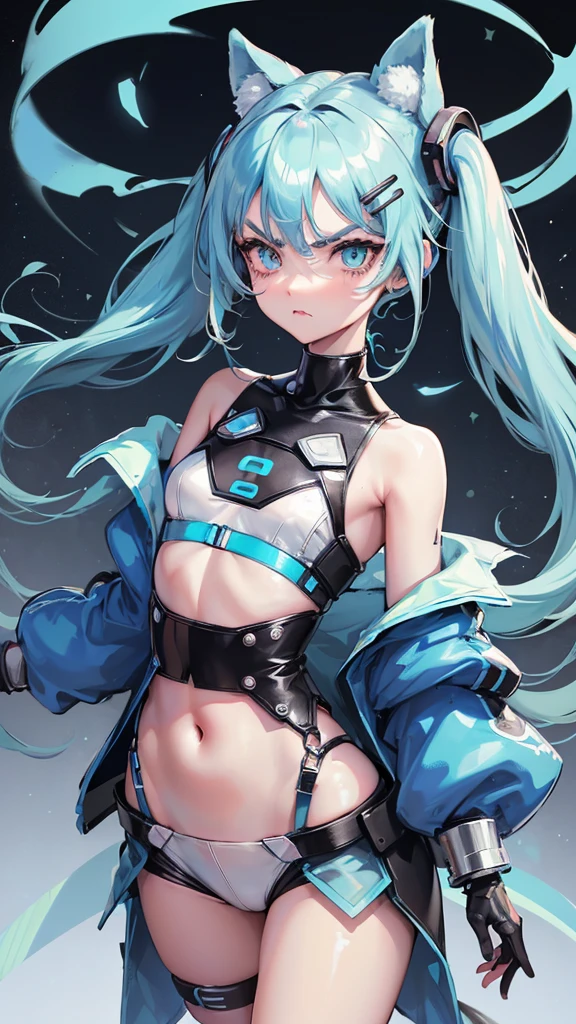 1 girl, anime, high quality, intricate details, futuristic setting, short, robotic, cybernetic, futuristic fashion, pasel blue hair, bear ears, dot eyebrows, angry pout, streetwear, pastel blue and black outfit, pastel blue eye, pigtails, circle eyebrows, flat chest, hairclips, accessories, bracelets, tan skin