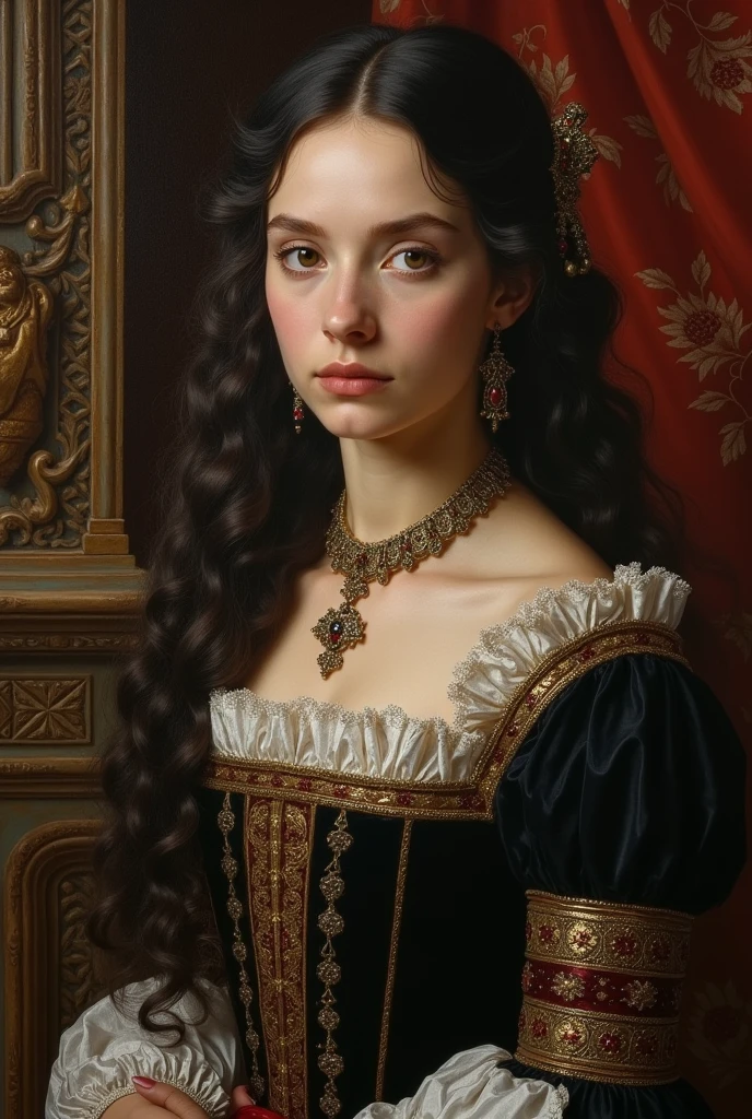 Create a Tudor-style painting of a woman with half-black hair, a serious look, as if she were the daughter of Catherine of Aragon