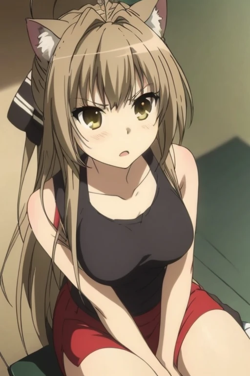 Anime girl with long hair sitting on a bench, Flushed face, angry face, chica ready anime, seductive anime girl, beautiful chica ready anime, working out, Very beautiful anime cat girl, sexy cat girl, Holo is a wolf girl, cute chica ready anime, cat girl , anime zorro , in a gym, fit girl