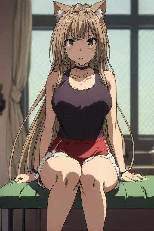 Anime girl with long hair sitting on a bench, Flushed face, angry face, chica ready anime, seductive anime girl, beautiful chica ready anime, working out, Very beautiful anime cat girl, sexy cat girl, Holo is a wolf girl, cute chica ready anime, cat girl , anime zorro , in a gym, fit girl