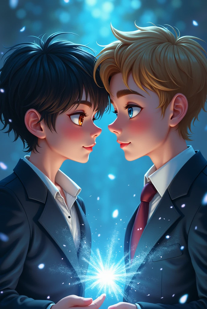 A book cover with a cute young dark brown haired sorcerer, pieces and amber eyes, alongside a mysterious young businessman with light brown hair and blue eyes